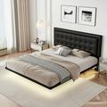 OYang Queen Size Floating Bed Frame with Motion Activated Night Lights Modern PU Upholstered Button Tufted Platform Bed Frame for Bedroom Living Room