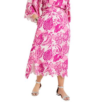 Plus Size Women's Scallop-Trim Midi Skirt by June+Vie in Pink Graphic Tropical (Size 18/20)