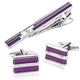 Tie Clip and Cufflink Sets for Men, Purple Stainless Steel Neck Tie Clip Rectangle Cufflink Shirt Men's Suit Accessories Gifts for Men