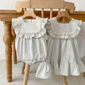 Korean Baby Girls Clothes Girls Dress Summer New Striped Lace Baby Girl Romper Sister Matching