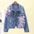 2022 New Embroidery Denim Short Jacket Women Spring Autumn Applique Diamond Holes Coat Loose Tops