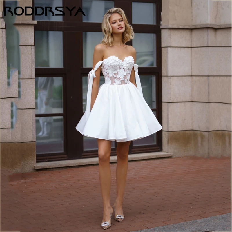 RODDRSYA-Mini robe de mariée en satin simple, décolletée, fleur 3D, chérie, dentelle, ligne A, sur mesure, fête des patients Mini robe de mariée en satin simple, décolletée, fleur 3D, chérie,
