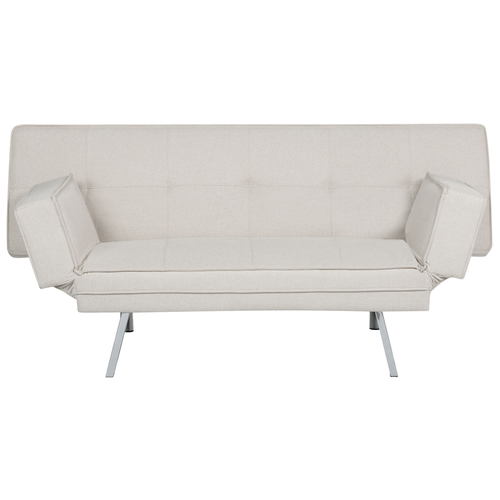 3-Sitzer Sofa Beige Stoffbezug Gesteppt mit Schlaffunktion Silberne Schlanke Metallbeine Verstellbare Armlehnen Modern Wohnzimmer Schlafsofa