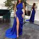 Mermaid Party Dress Minimalist High Split Prom Formal Evening Dress One Shoulder Sleeveless Court Train Charmeuse with Slit Pure Color 2022