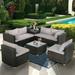 8 Pieces Patio Furniture Set Wicker Outdoor Conversation Set Rattan Sectional Sofa Set w/Storage Box & Glass Coffee Table for Porch Poolside Backyard- Brown/Gray