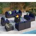 durable 8 Pieces Patio Furniture Set with 45 Plate Embossing Propane Fire Table Outdoor PE Rattan Sectional Sofa Set Patio Gas Fire Pit Conversation Set with Blue Cushions & Glas