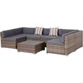 durable 7-Piece Patio Furniture Sets Outdoor Wicker Conversation Sets All Weather PE Rattan Sectional Sofa Set with Cushions & Slat Plastic Wood Table Beige