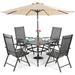 durable & William Outdoor 6 Pieces Dining Set with 4 Rattan Chairs 1 Metal Table and 1 10ft 3 Tier Auto-tilt Umbrella(No Base) Orange Red Modern Patio Furniture for Poolside Porch