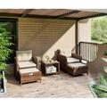 YOJFOTOOU. Balcony Furniture 5 Piece Patio Conversation Set PE Wicker Rattan Outdoor Lounge Chairs with Soft Cushions 2 Ottoman&Glass Table for Porch Lawn-Brown Wicker (Brown)