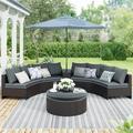 6 Pieces Outdoor Sectional Half Round Patio Rattan Sofa Set PE Wicker Conversation Furniture Set w/ One Storage Side Table for Umbrella and One Multifunctional Round Table Brown+ Gray