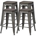 24inch Metal Bar Stools Counter Height Barstools High Backless Industrial Stackable Metal Chairs with Wood Seat/Top Indoor/Outdoor Set of 4 Gun Metal