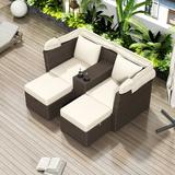 2-Seater Outdoor Patio Daybed Outdoor Double Daybed Outdoor Loveseat Sofa Set with Foldable Awning and Cushions for Garden Balcony Poolside Beige