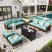 Sophia & William 9 Piece Outdoor Wicker Patio Conversation Sofa Set with Fire Pit Table Turquoise