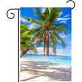 HGUAN Tropical Beach Ocean Sea Palm Tree Summer Blue Landscape House Flag Double Sided Polyester Welcome Yard Garden Flag Banners for Patio Lawn Home Outdoor Decor