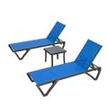 Patio Chaise Lounge Chair Set of 3 Outdoor Aluminum Polypropylene Sunbathing Chair with 5 Adjustable Position Side Table for Beach Yard Balcony Poolside(Blue 2 Lounge Chairs+1 Tbale)