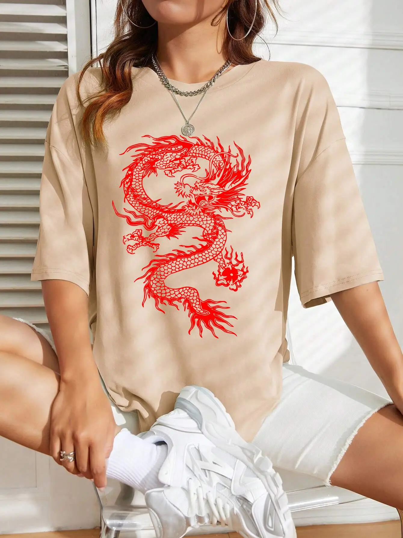 Kreative Red Dragon Kunstdrucke Frauen T-Shirt Sommer Casual T Shirts Straße Hip Hop Kurzarm Atmungsaktive Bequeme T Shirt