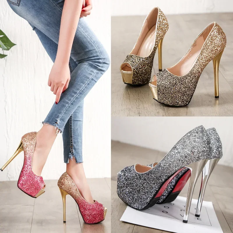 High Heels Plattform Damen Peep Toe Pumps Gold Silber Hochzeitsschuhe Braut Heels Bankett Damen 2023, elegante Damenschuhe mit Absatz