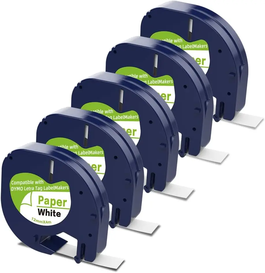 5 Stück LT-Klebeband, kompatibel mit DYMO LetraTag, weißes Papier, Nachfüllpackung 91330, 10697, 1/2 Zoll x 13 Zoll, 12 mm x 4 m, Etikett für Letra Tag LT-100H Plus Image