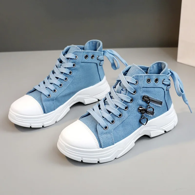 Neue Leinwand High-top Frauen Schuhe 2025, Frühling Atmungs Denim Turnschuhe Frauen Sommer Dicken Boden Erhöhung Sport Casual Schuhe