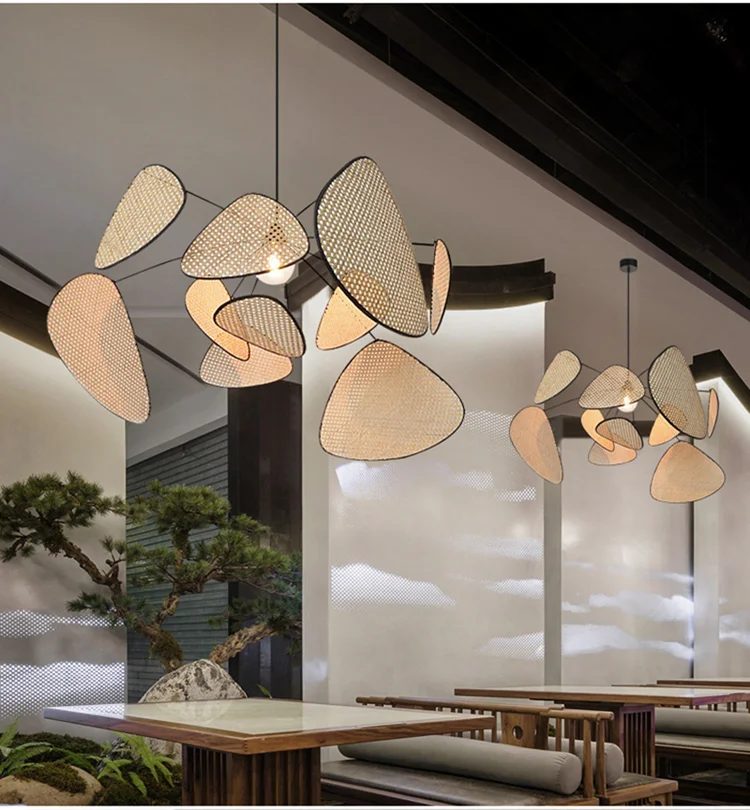 Nordic Kronleuchter Wohnzimmer Studio Küche Holz Bambus Lampe Kronleuchter Blatt Gitter Ländlichen Hand Made Nachahmung Rattan Lampe