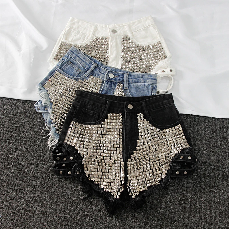 Punk-Nieten-Denim-Shorts 2022, Sommer, Frühling, Damen, hohe Taille, lockere Quasten-Jeans-Shorts, schwarz/blau/weiße Loch-Shorts KZ388