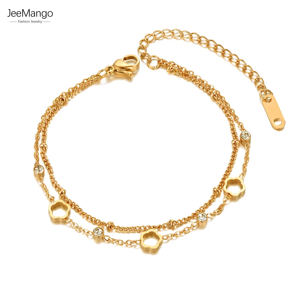 JeeMango Böhmen Edelstahl Doppel-schicht Charme Armbänder Trendy CZ Kristall Blume Kette Schmuck Für Frauen Ferdт JB21025 Image