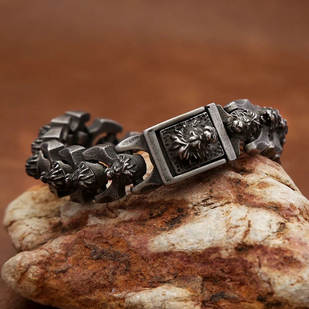Vintage Schwarz Löwenkopf Armband Punk Hip Hop 316L Edelstahl Mode Tier Armbänder Für Männer Jungen Biker Schmuck Großhandel