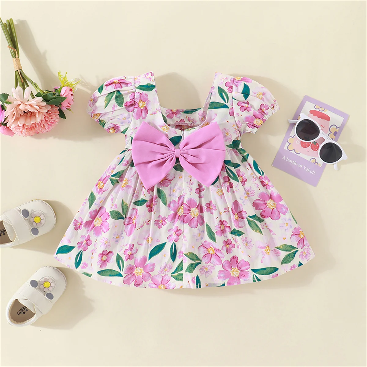 Sommer Baby Mädchen Prinzessin Kleid Baby Baumwolle Kleid Kinder Blume Bogen Kurzarm Süße Kinder Kleidung Image