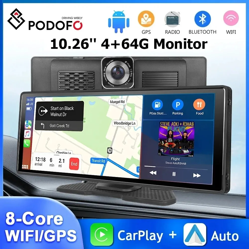 Podofo 4 + 64G Android 13 Auto Monitor Drahtlose Carplay Android Auto 10,26'' Dashboard Dash Cam GPS WIFI Front Kamera Smart Player Image