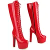 Patent Leder Plain Rot Weiß Lace-up Sexy Frauen Schuhe Winter Schuhe Runde Kappe Plattform Spike