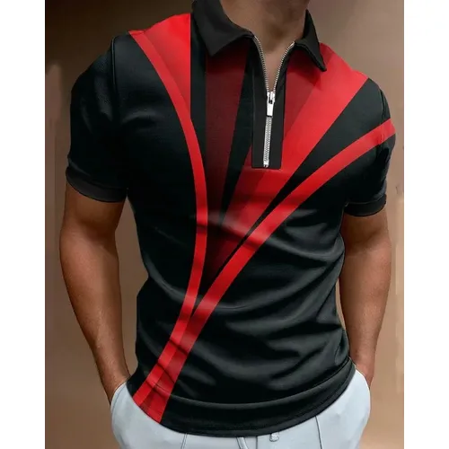Polos hirt für Männer Linie 3d gedruckt Revers Reiß verschluss Business lässig Kurzarm Tops T-Shirt