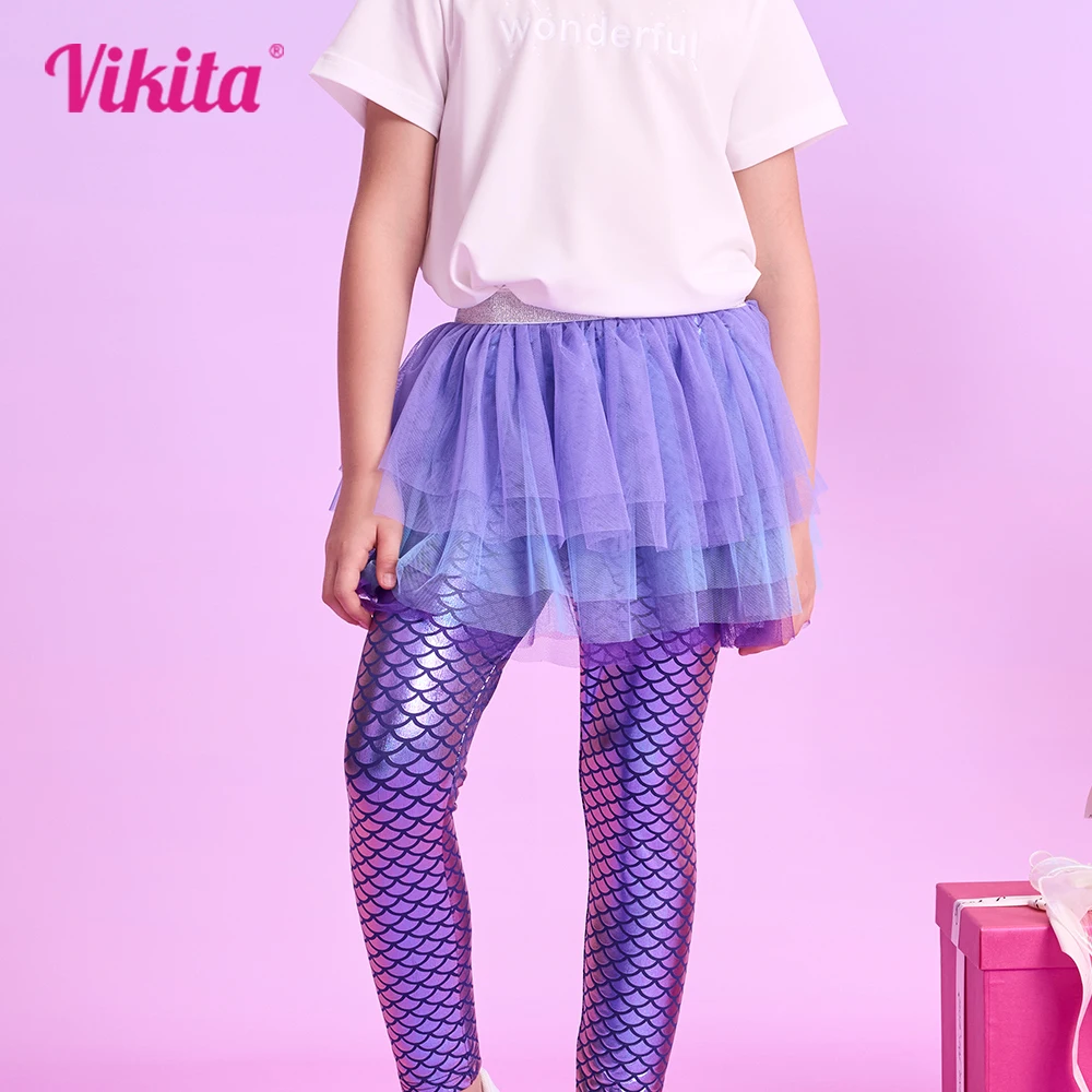 VIKITA Mädchen-Leggings mit Meerjungfrau-Aufdruck und Röcken, gefälschte 2-teilige Kinderhose, Rock, lässige Außenhose, Netz-Tutu-Röcke, Hose Image