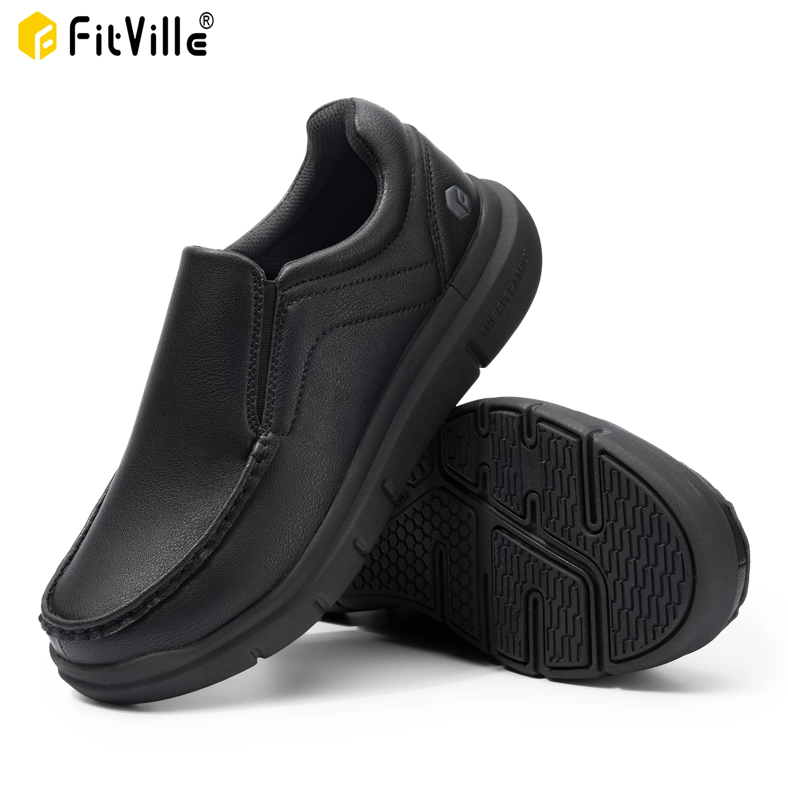 Fitville Herrenschuhe, breite Leder-Slip-On-Freizeitschuhe, leicht, für geschwollene Füße mit Schmerzlinderung im Fußgewölbeunterstützung