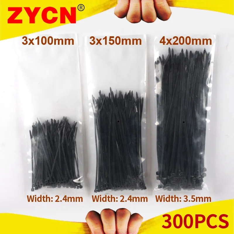 ZYCN 300 stücke Kunststoff Kabelbinder Selbst-Locking Schwarz Set 3*100 3*150 4*200mm Wraps Ring Schleife Nylon Draht Zip Industrielle Befestigungen Image