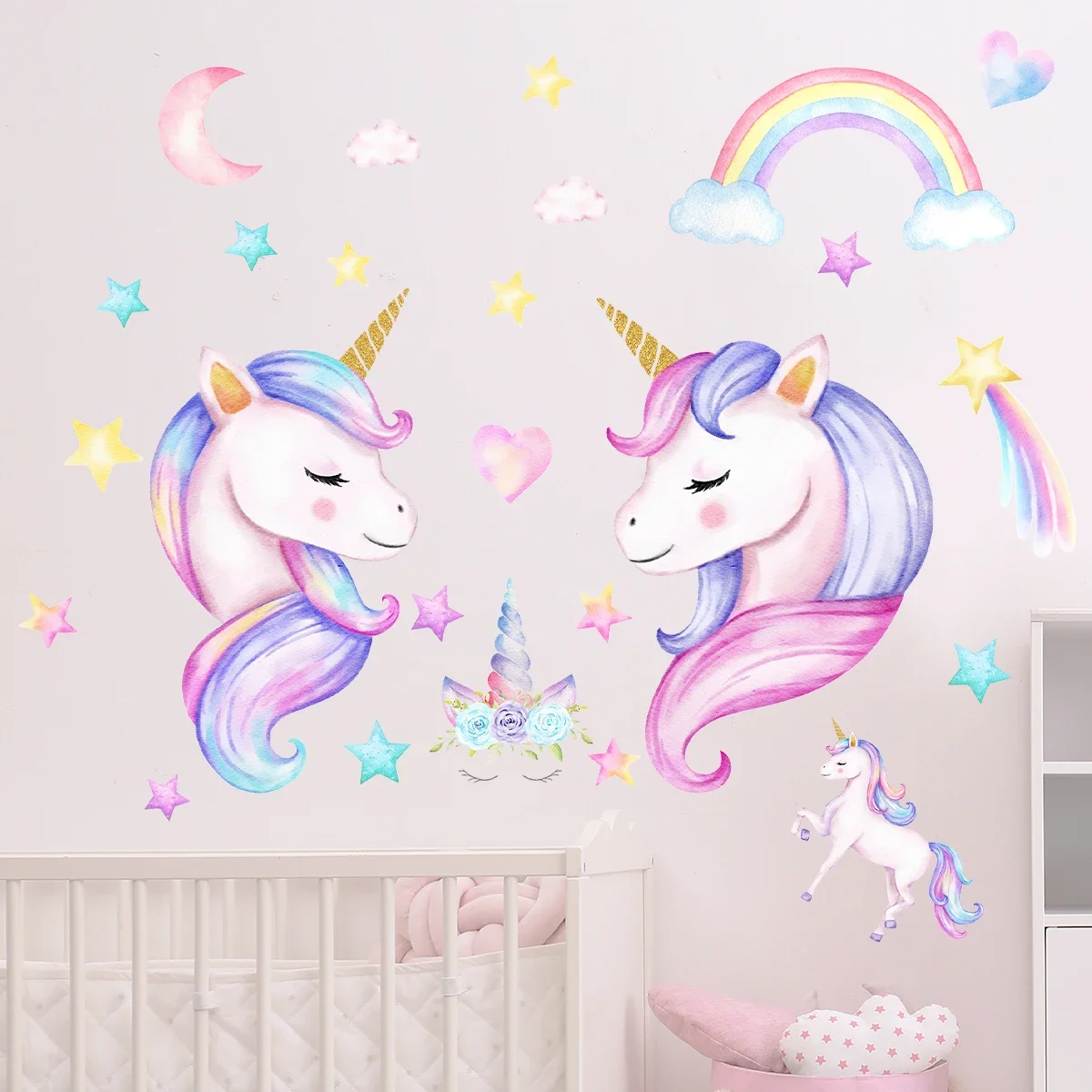 2 Stück Cartoon Regenbogen Mond Sterne Einhorn Wandaufkleber für Kinderzimmer Kinderzimmer Mädchen Schlafzimmer Home Dekoration Wandtattoos