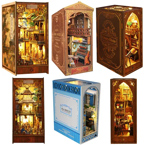 Neue DIY Buch Ecke Kit 3d Holz Miniatur Puppenhaus Buchs tütze Gebäude mit LED Licht Bücherregal