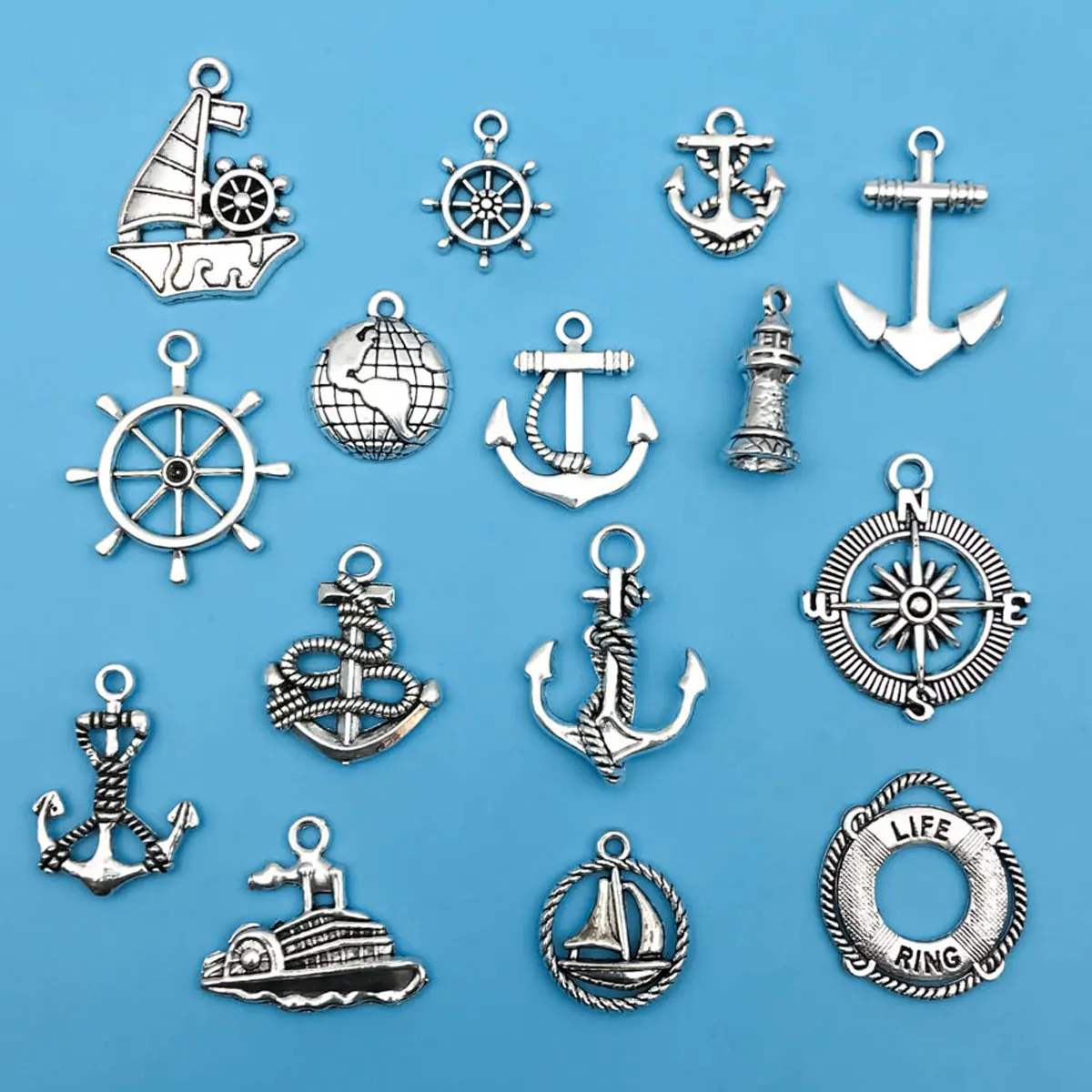 15 Stücke Antik Silbrig Anker Ruder Boot Charms Kompass Navigation Anhänger Für DIY Armband Liefert Schmuck Machen Zubehör Image