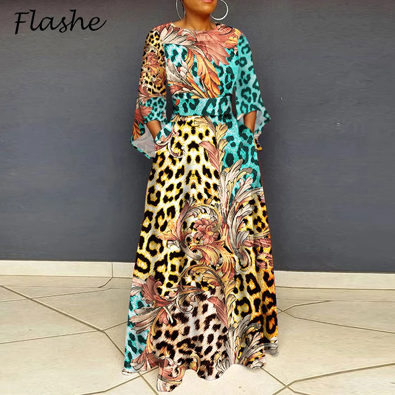 Vintage Frauen Party Kleid Plus Größe O Neck 3/4 Hülse Leopard Druck Maxi Lange Kleid Boho A-Line Tasche Party Kleider