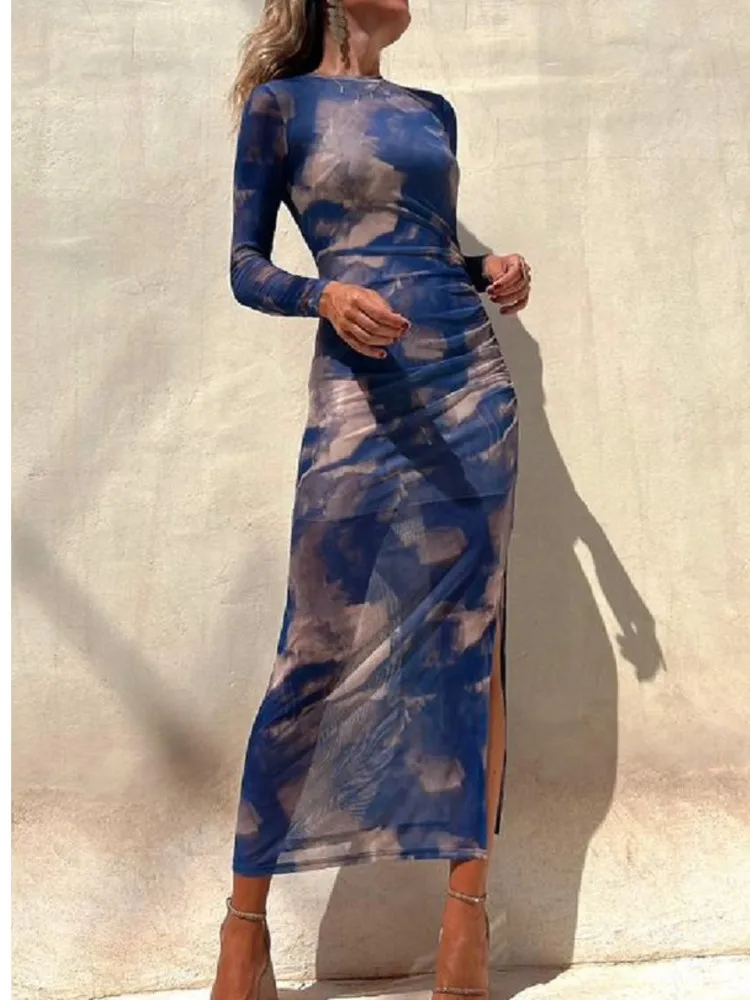 Herbst Neue Mesh Sexy Gedruckt Für frauen Lange Ärmeln Kleider Einfache Spitze Mode Schlank Stretch Weibliche Party Nachtclub Kleid Image