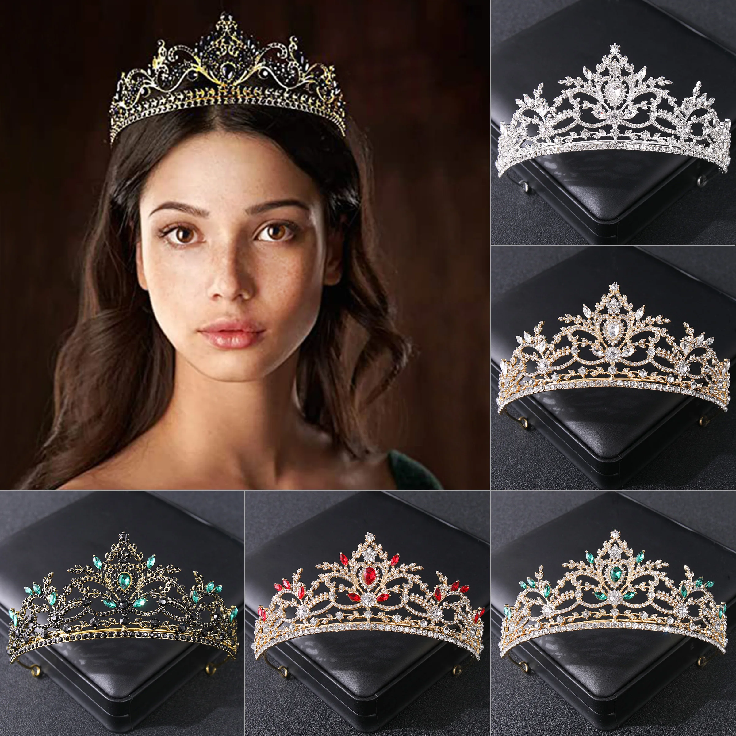 Luxus Barock Vintage schwarze Diademe Kronen Frauen Braut rot grün Kristall Strass Diadem Königin Prinzessin Schmuck Image