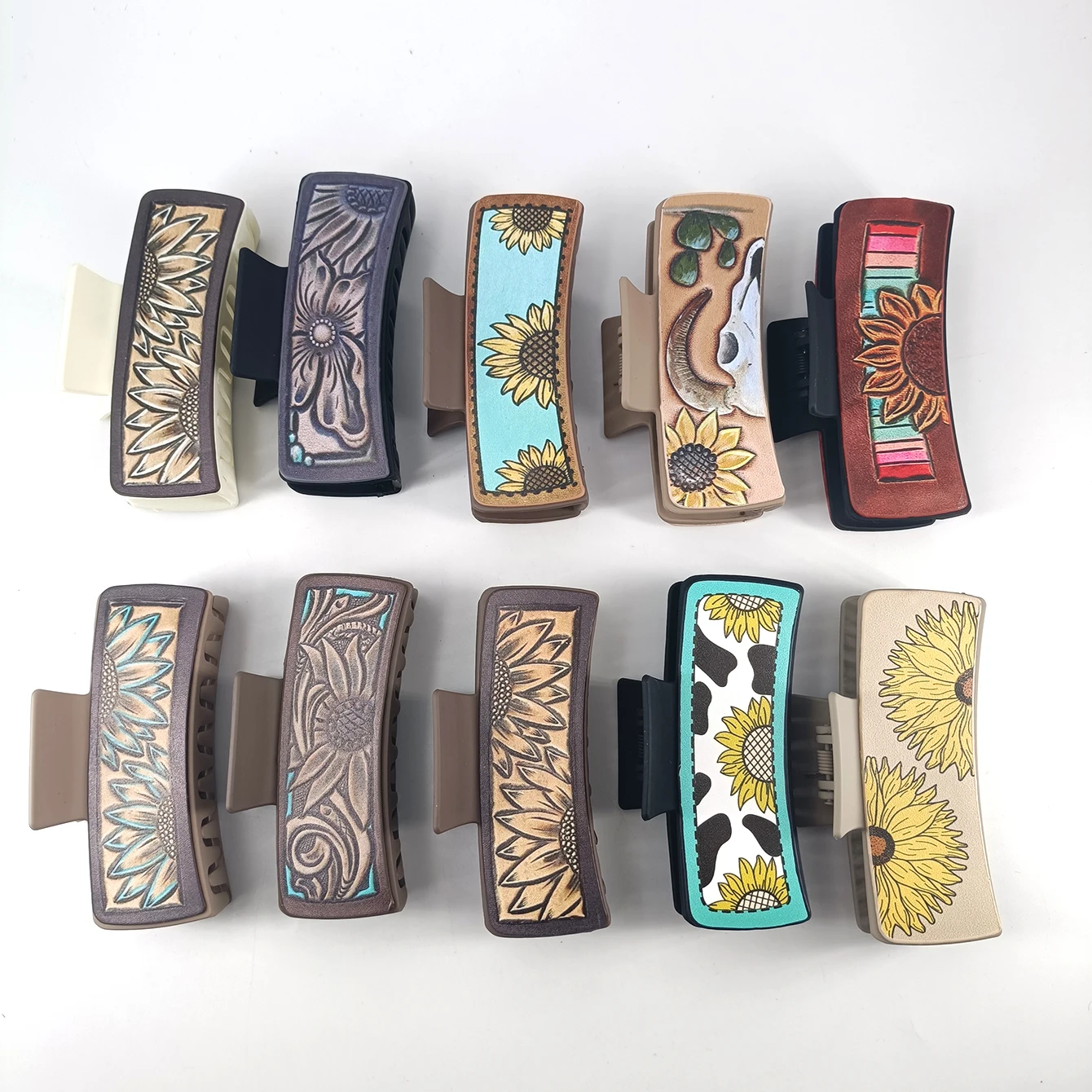 Haarklammern im Cowboy-Stil aus PU-Leder mit Sonnenblumenmuster, rutschfest, große Haarspangen für Frauen, Haar-Accessoires mit starkem Halt