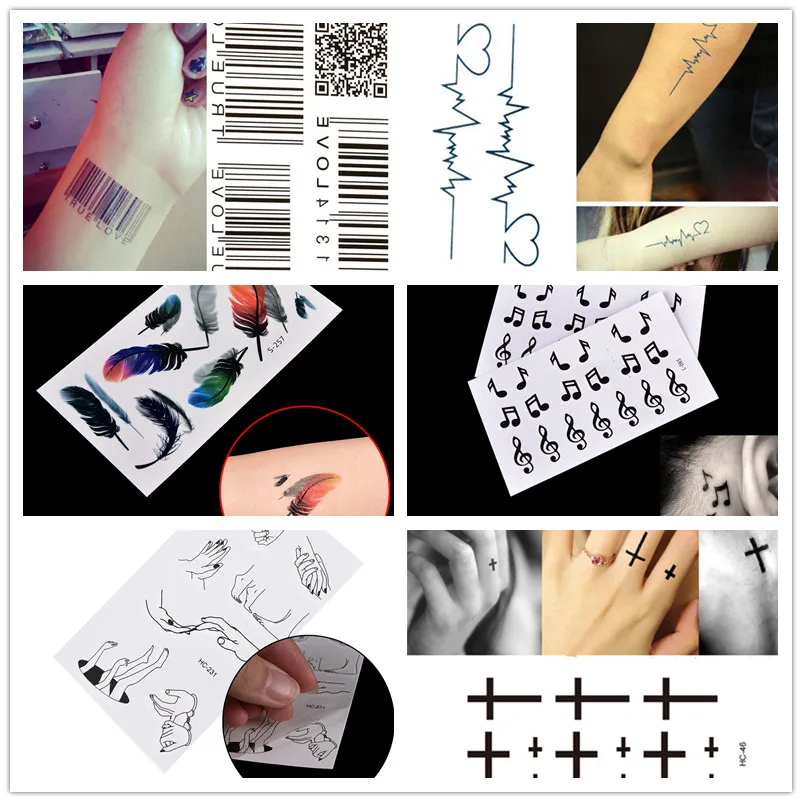 1pc wasserdichte Tattoo Aufkleber Körper kunst Wasser transfer Feder Musik Note Kreuz Barcode temporäre Tattoo Aufkleber Image