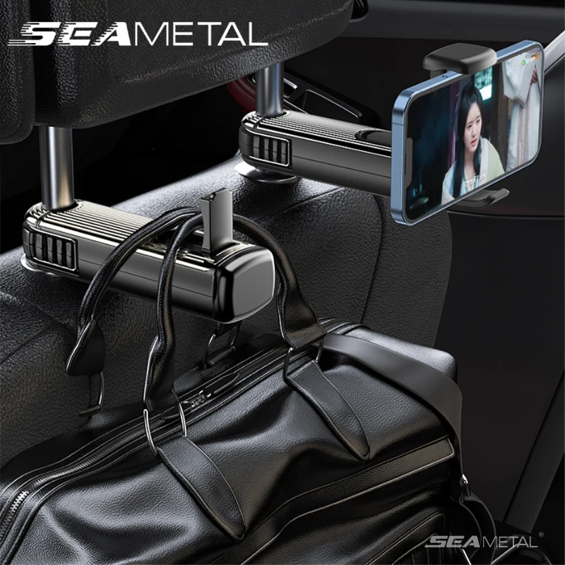 SEAMETAL 2-in-1-Haken für die Rückenlehne des Autositzes mit Telefonhalter, stabile Kopfstütze, Hängehaken, rutschfestes Silikon-Pad, versteckte hintere Reihenaufhänger Image