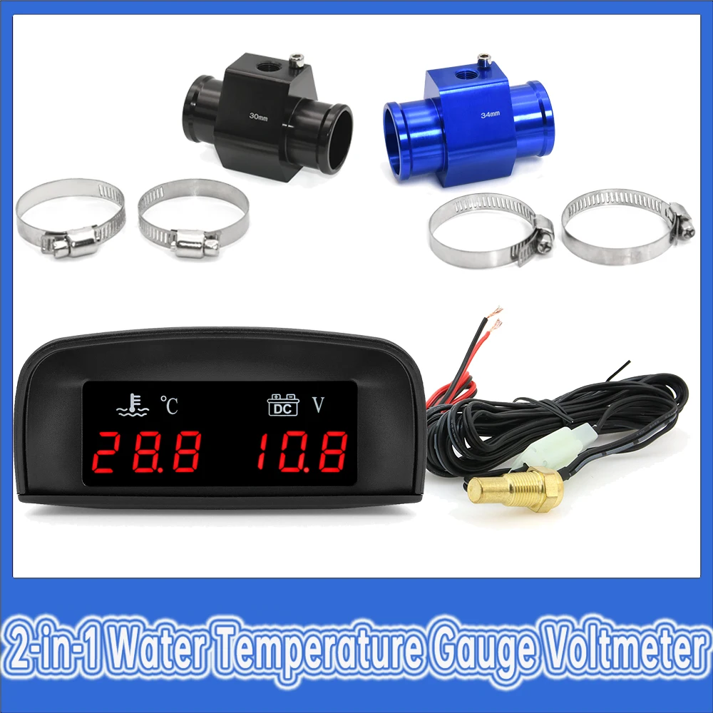 2-in-1-Auto-Messgerät, Wassertemperaturanzeige, Voltmeter, LCD-Instrument mit Wassertemperatursensor, 10 mm rotes Licht, 12 V, 24 V Image