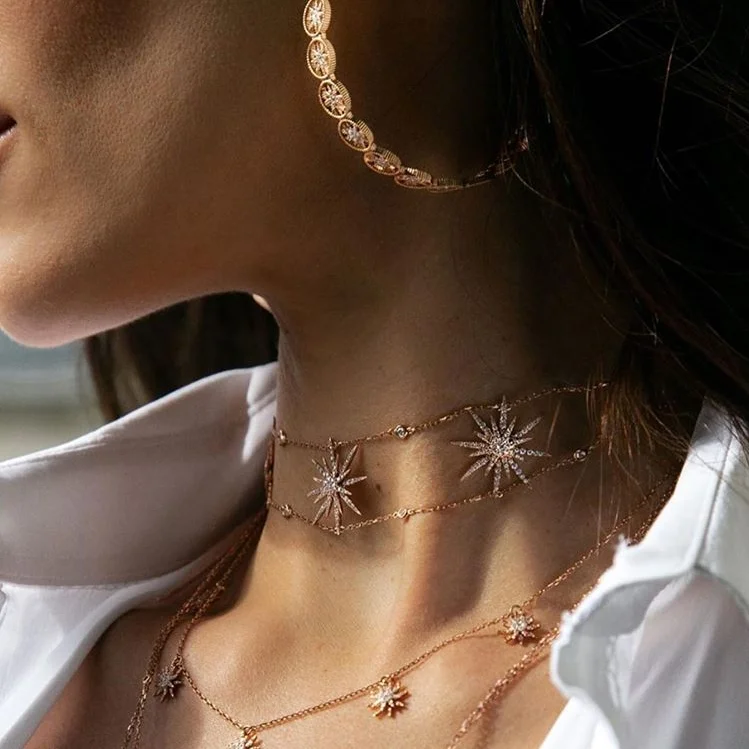 Bling cz gepflastert 3 Stück North Star Choker Doppelkette Halskette für Frauen Mode wunderschöner moderner Schmuck Goldfarbe Schicht Halsreifen Image