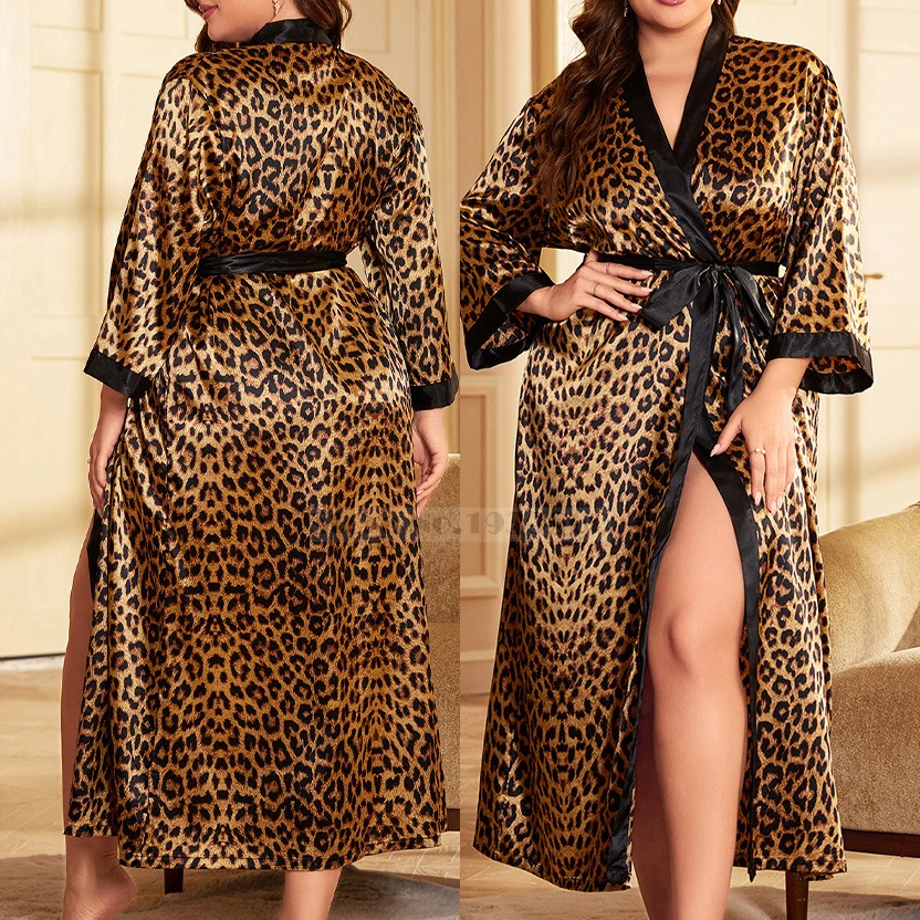 Plus Größe Sexy Leopard Kimono Bademantel Kleid Weibliche Lange Robe Nachthemd Nachtwäsche Lose Satin Hause Kleid Lounge Tragen 3XL 4XL 5XL Image