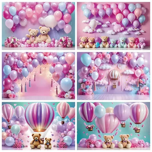 Mond. qg Teddybär Luftballons Baby party Hintergrund Geburtstags feier rosa Hintergrund Blumen