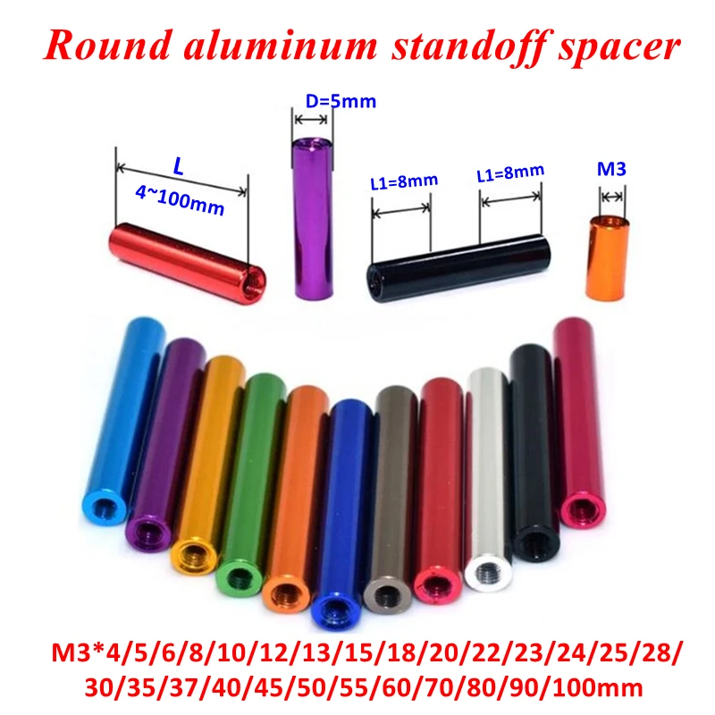 10 Stück M3 Courlorful Aluminium-Abstandsbolzen, Aluminium-Abstandshalter, Säulenstangen M3 x 6/8/10/12/15/18/20/22/25/28/30/35/37/40/45/50 mm
