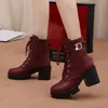 Heißer Verkauf Frauen Stiefel schnüren flache Biker Wein rote Stiefel Schuhe Schnalle Frau Botas