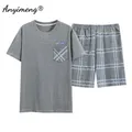 Herren L-5XL Sommer Baumwolle Homesuit Mode Elegante Plaid Hosen Shorts Pyjamas Set für Mann